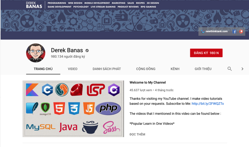 Derek Banas đang là một trong 5 kênh YouTube cho dân lập trình hay ho nhất