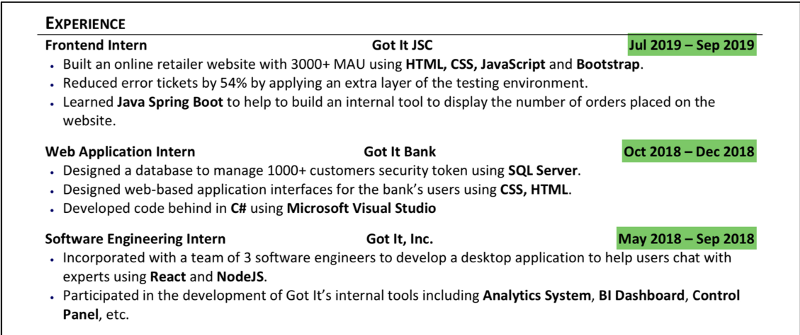 Liệt kê kinh nghiệm làm việc - Hướng dẫn viết CV cho Software Engineer