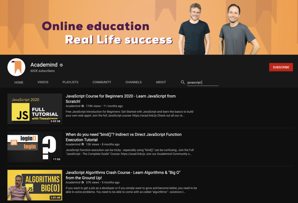 Kênh Youtube của Academind