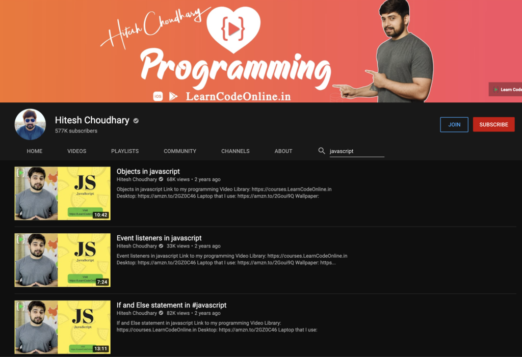 Kênh Youtube của Hitesh Choudhary