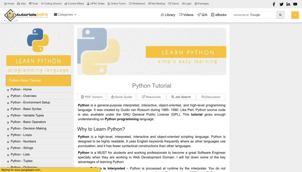 Học Python trên Tutorials Point