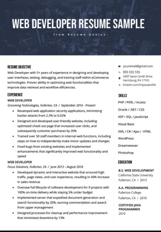 Mẫu CV xin việc ngành Web Developer bằng tiếng Anh