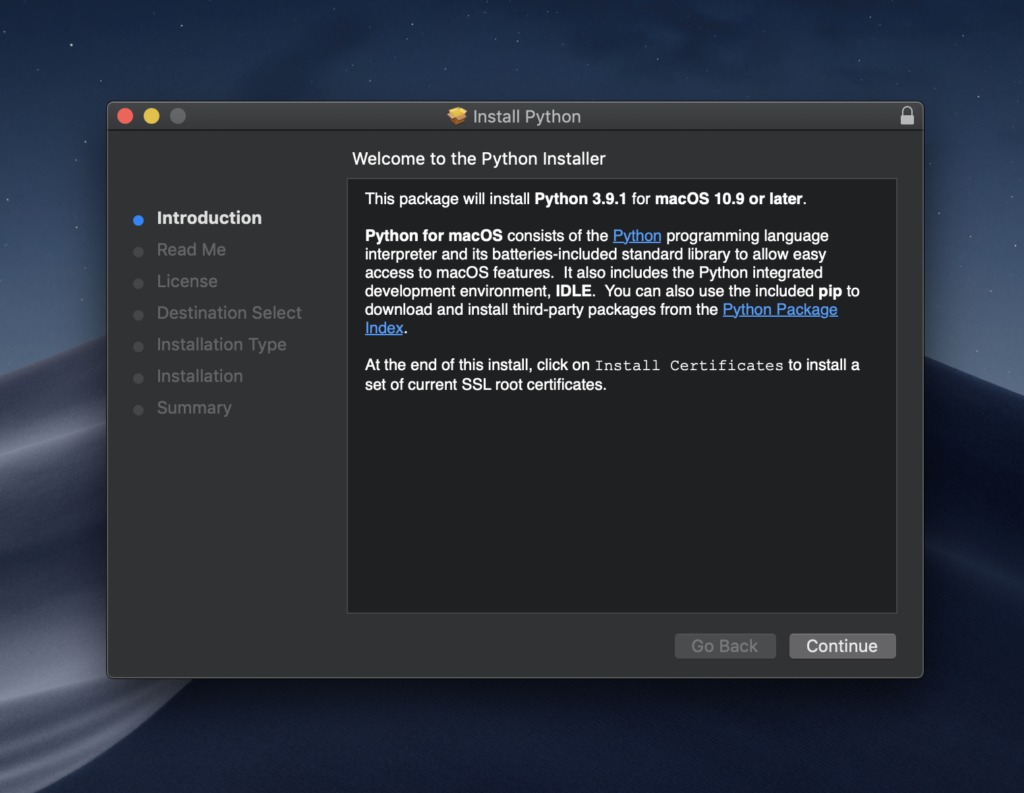 Cửa sổ đầu tiên hiện ra khi bạn cài đặt Python trên macOS với official installer