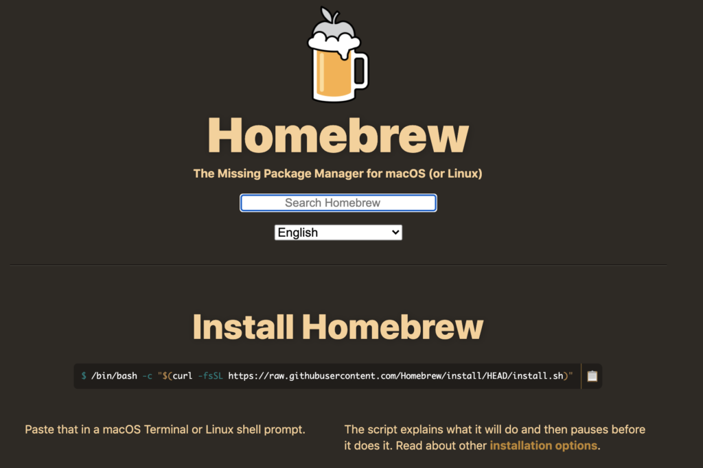 Giao diện của trang cài đặt Homebrew cho macOS