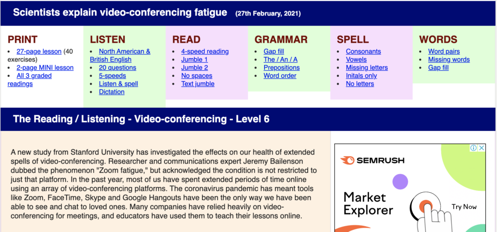 Giao diện của một tiết học trong Breaking News English