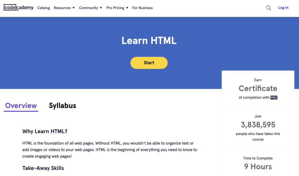 Khoá học “Learn HTML” của Codeacademy